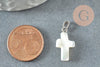 Pendentif croix nacre blanche naturelle zamac argenté 22mm, pendentif coquillage pour création bijoux, x1 (G6329)