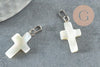 Pendentif croix nacre blanche naturelle zamac argenté 22mm, pendentif coquillage pour création bijoux, x1 (G6329)