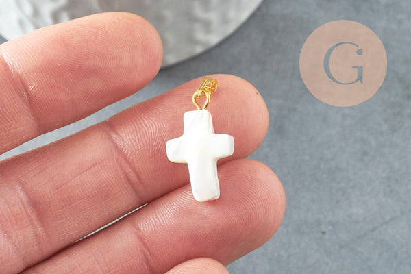 Pendentif croix nacre blanche, pendentif nacre,nacre support doré, pendentif,création bijoux, nacre naturelle, 22mm, x1 G1054