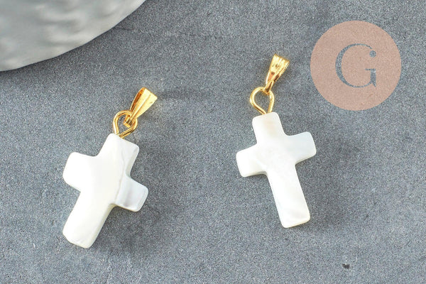 Pendentif croix nacre blanche, pendentif nacre,nacre support doré, pendentif,création bijoux, nacre naturelle, 22mm, x1 G1054