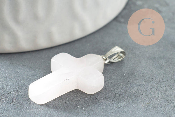 Pendentif croix quartz rose, fournitures créatives, pendentif pierre naturelle,quartz rose naturel, 15mm, x1 G0705
