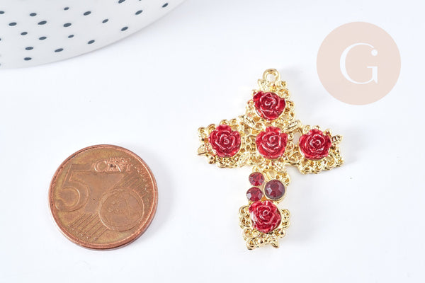 Pendentif croix roses rouge résine zamac doré 18k 37mm, x1 (G8558)