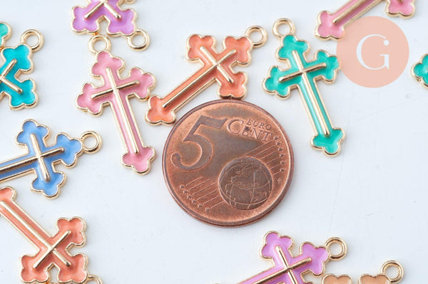 Pendentif croix zamac doré émail multicolore 25mm, x5 (G6089)