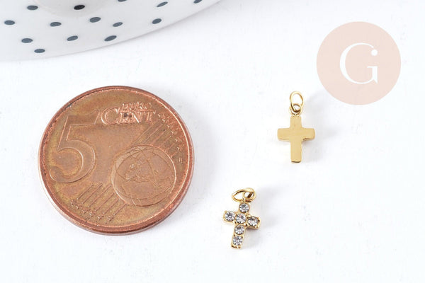 Pendentif croix zircon acier 316 doré inoxydable 8.5mm, x1 (G8819)