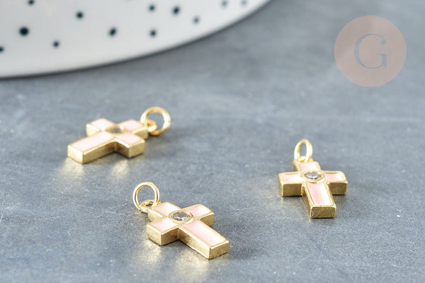 Pendentif croix zircon rond laiton doré émail rose 15mm,pendentif création bijoux religion, x1 G8331