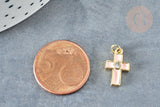 Pendentif croix zircon rond laiton doré émail rose 15mm,pendentif création bijoux religion, x1 G8331