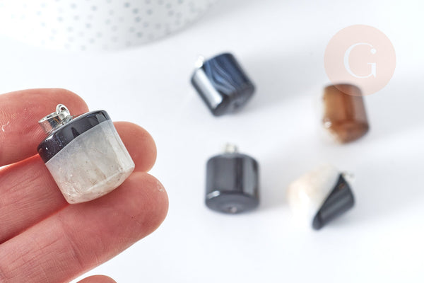 Pendentif cylindre agate rayée gris noir fer platine 20-25mm ,pierre naturelle, x1 (G8398)