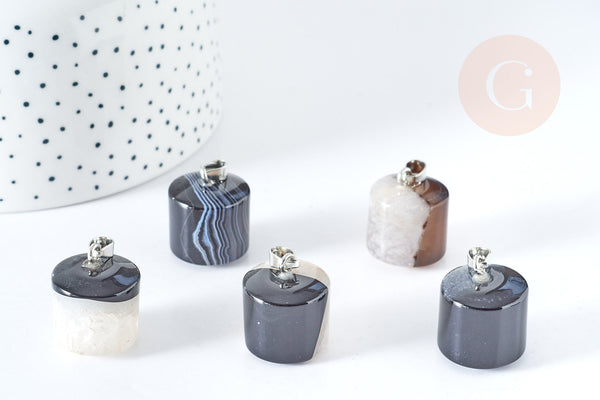 Pendentif cylindre agate rayée gris noir fer platine 20-25mm ,pierre naturelle, x1 (G8398)