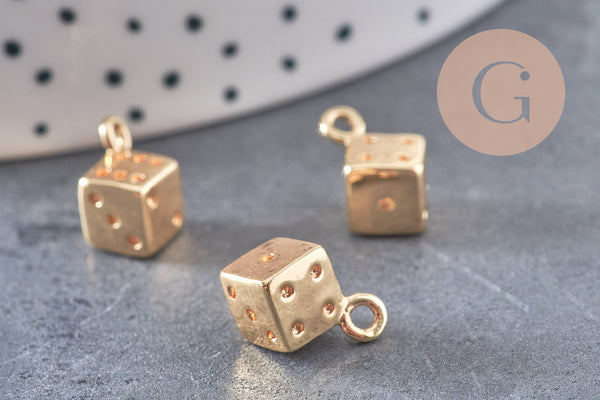 Pendentif dé 6 faces doré 18K et zircons ,pendentif doré jeu,porte-bonheur,laiton doré, Pendentif jeu, 13.5mm, x1 (G4267)
