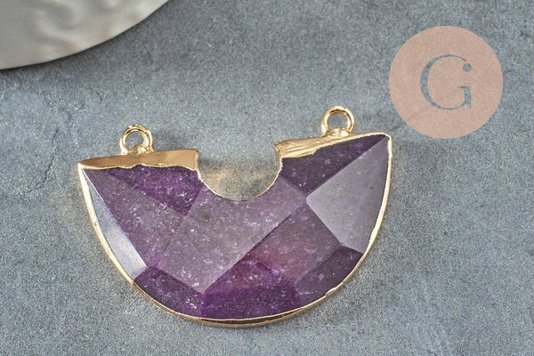 Pendentif demi-cercle améthyste fer doré 41mm,pendentif bijoux,lune améthyste,pendentif pierre améthyste naturelle, x1 G2331