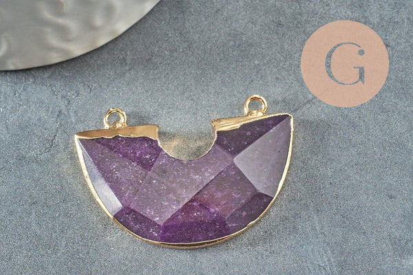 Pendentif demi-cercle améthyste fer doré 41mm,pendentif bijoux,lune améthyste,pendentif pierre améthyste naturelle, x1 G2331