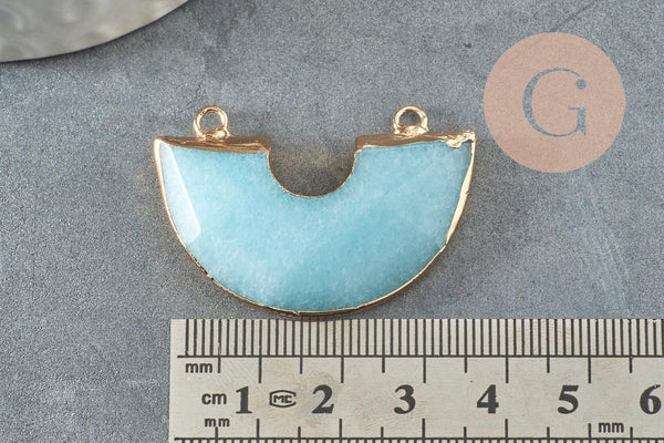 Pendentif demi-cercle jade bleu fer doré 41mm, pendentif bijou pierre naturelle, x1 G2308