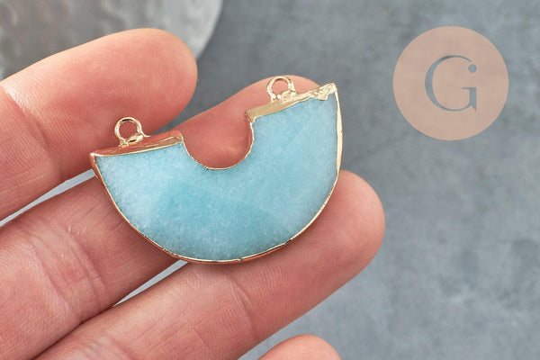 Pendentif demi-cercle jade bleu fer doré 41mm, pendentif bijou pierre naturelle, x1 G2308