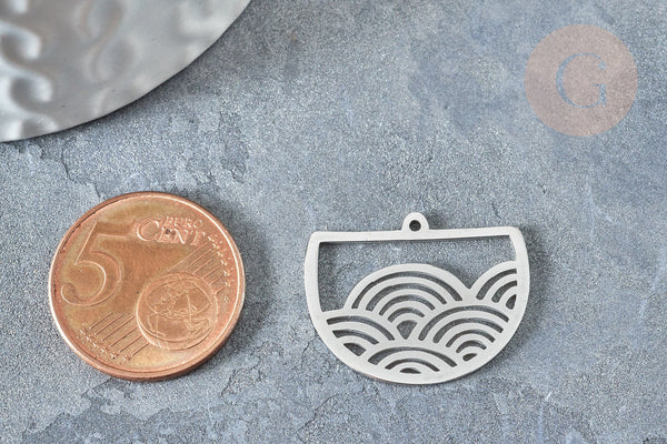 Pendentif demi-cercle vagues argenté acier inoxydable 24mm, création bijoux acier inoxydable, x1 G7608