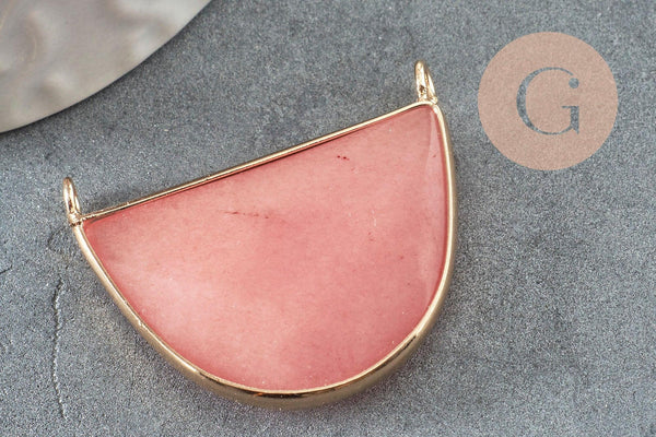 Pendentif demi-lune jade naturel teinté rose laiton doré 32mm, x1 (G1535)