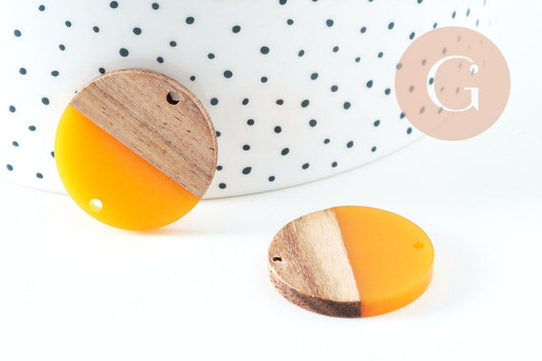 Pendentif disque bois résine jaune 27.5mm,création bijoux bois, x5 G5128