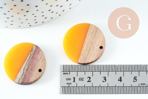 Pendentif disque bois résine jaune 27.5mm,création bijoux bois, x5 G5128