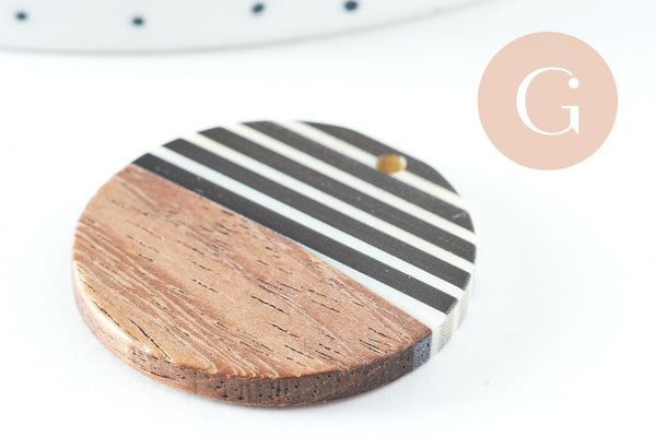Pendentif disque en bois de noyer résine rayée noir & blanc 28.5mm,x2 (G3784)