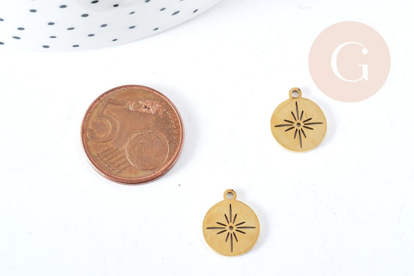 Pendentif dond plat étoile acier doré 304 inoxydable 14mm, x1 (G8723)