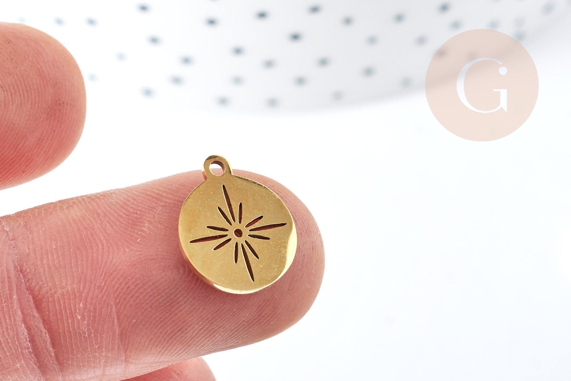 Pendentif dond plat étoile acier doré 304 inoxydable 14mm, x1 (G8723)