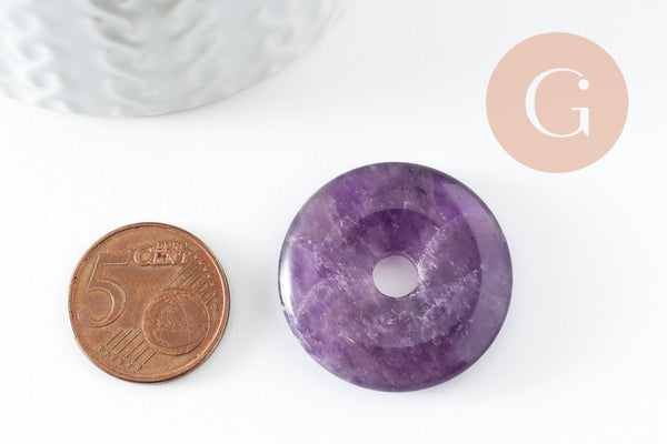 Pendentif donut améthyste naturelle pour création de bijou en pierre, pendentif pierre cercle,30mm, x1 (G3896)