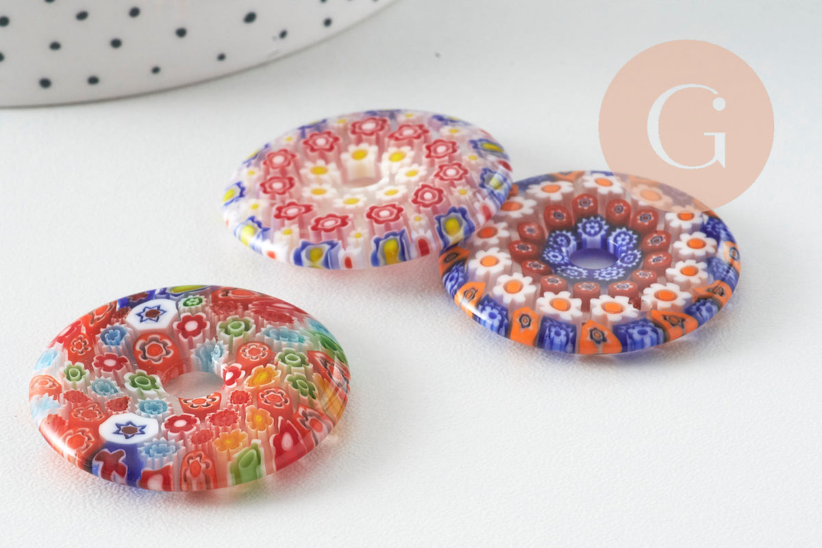 Pendentif donut millefiori murano multicolore 29-39mm x1 (G1451)-Breloques et pendentifs-Gingerlily Perles