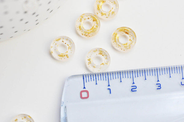 Pendentif donut verre transparent et feuille d'or, un pendentif rond verre pour vos créations de bijoux,15x3mm, x 10 (3.5g) G3299