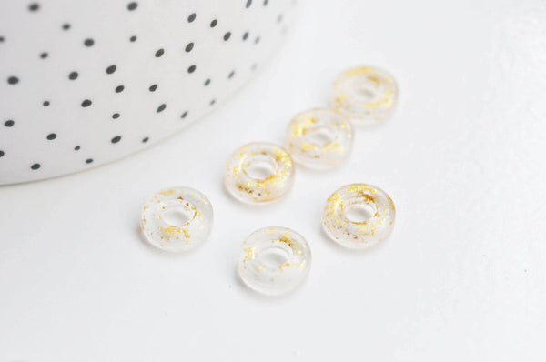 Pendentif donut verre transparent et feuille d'or, un pendentif rond verre pour vos créations de bijoux,15x3mm, x 10 (3.5g) G3299