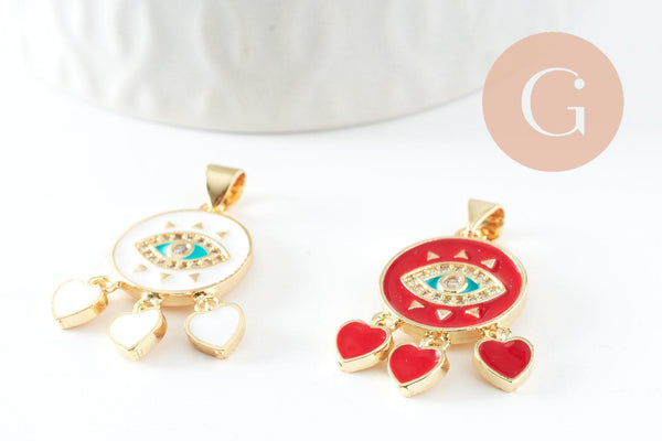 Pendentif doré oeil et coeur émail résine zircon, Pendentif pour femme en métal doré pour la création de bijoux,26.5mm, x1 (G3577)