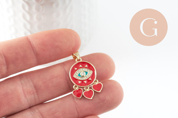 Pendentif doré oeil et coeur émail résine zircon, Pendentif pour femme en métal doré pour la création de bijoux,26.5mm, x1 (G3577)