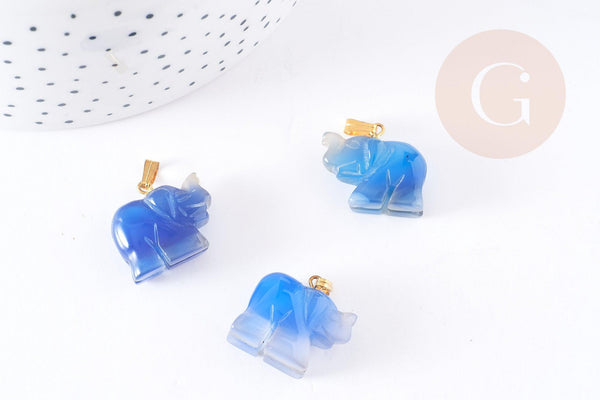 Pendentif éléphant agate bleue support doré 18.5mm, x1 (G3903)