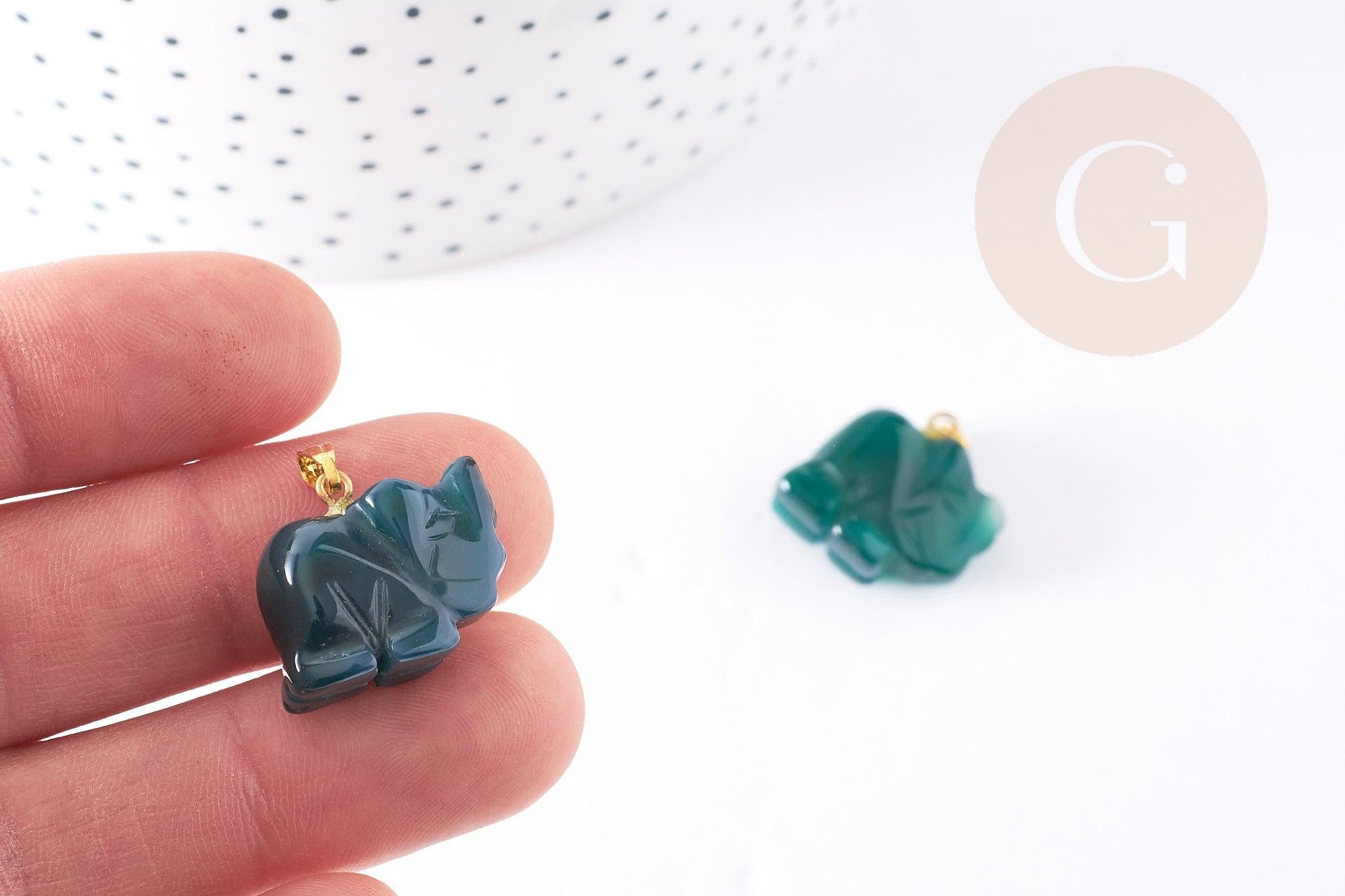Pendentif éléphant agate verte support doré, pendentif pierre agate naturelle verte, 18.5mm, x1 (G3902)