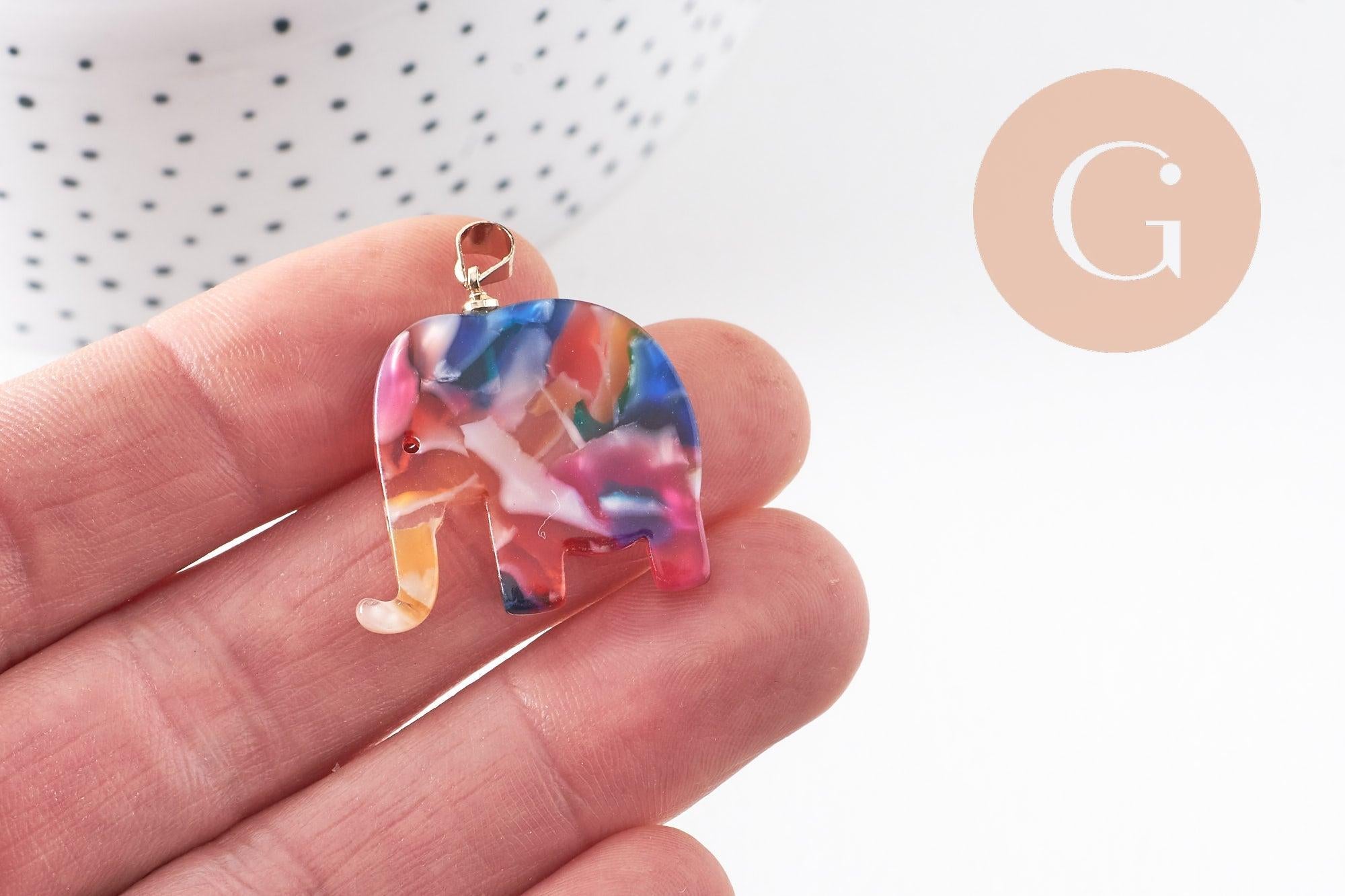 Pendentif éléphant écaille multicolore acétate laiton doré, 27mm, x1 (G4038)
