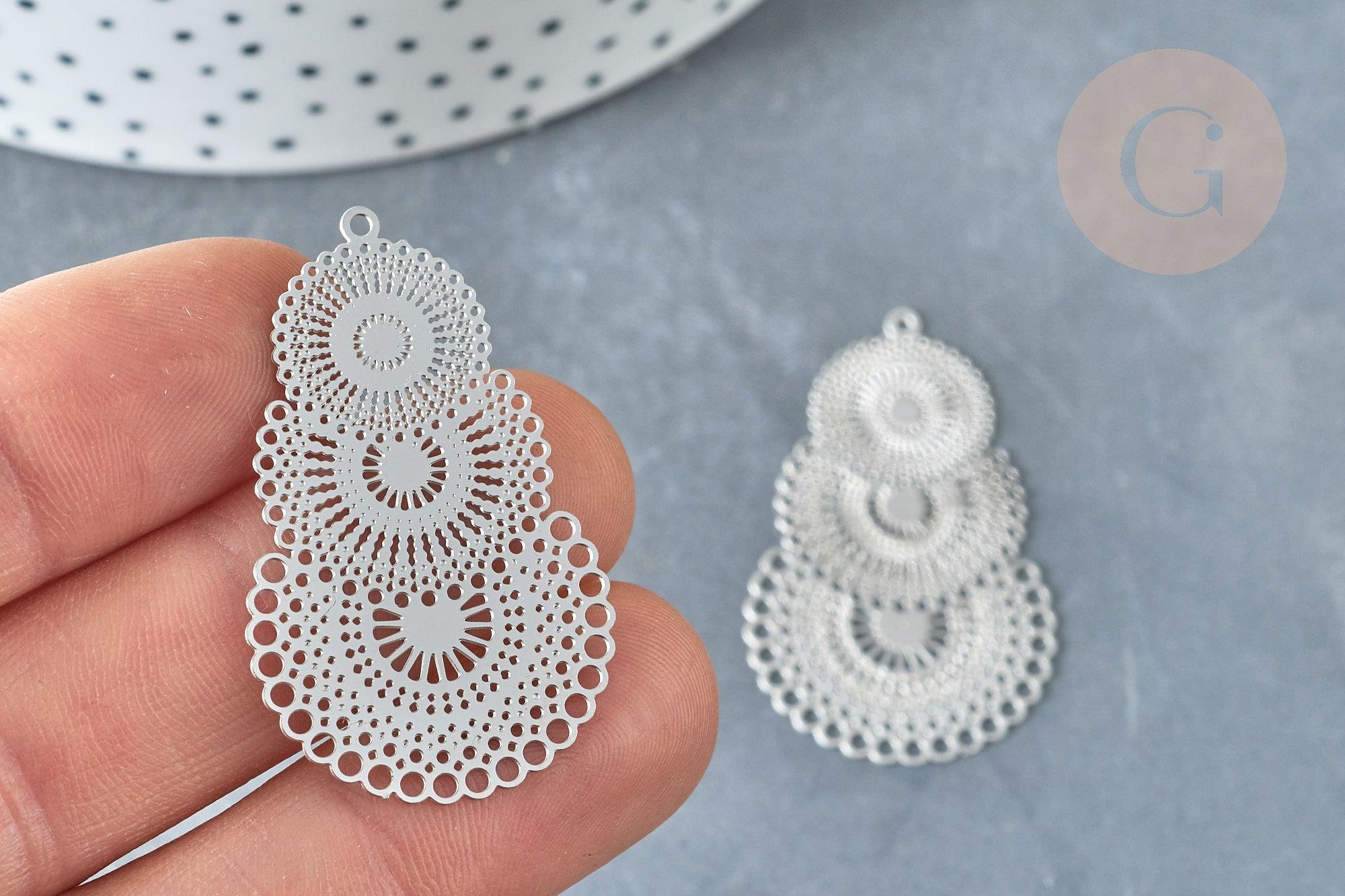 Pendentif estampe filigrane dentelle acier 201 inoxydable platine 40mm, x2 (G8014)