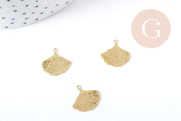 Pendentif estampe filigrane feuille Gingko acier doré 201 inoxydable 14.5mm, x2, (G8934)