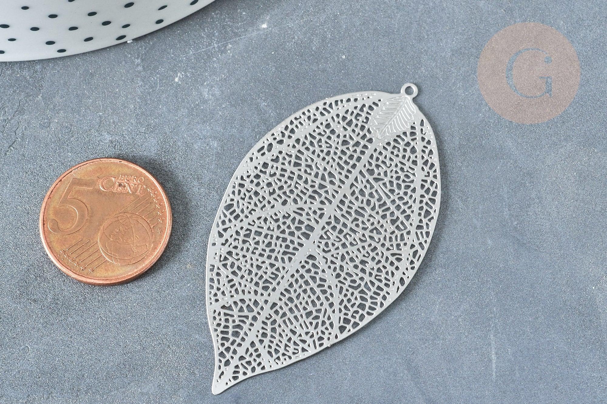 Pendentif estampe filigrane feuille acier 201 inoxydable platine 60mm, x2 (G8016)