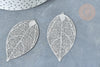 Pendentif estampe filigrane feuille acier 201 inoxydable platine 60mm, x2 (G8016)