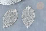 Pendentif estampe filigrane feuille acier 201 inoxydable platine 60mm, x2 (G8016)