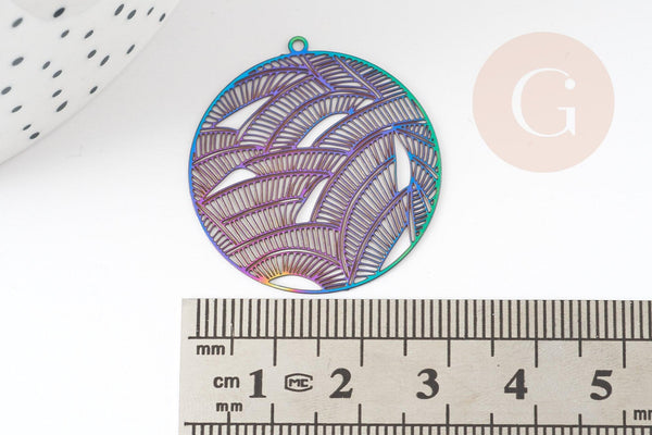 Pendentif estampe filigrane feuille acier multicolore, Pendentif très fin et léger, 31.5x30,x2 (G4098)