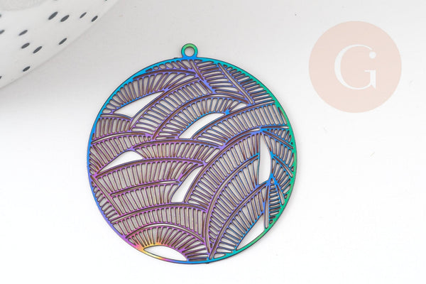 Pendentif estampe filigrane feuille acier multicolore, Pendentif très fin et léger, 31.5x30,x2 (G4098)