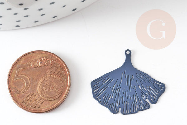 Pendentif estampe filigrane feuille gingko laiton bleu, Pendentif très fin et léger, 25x22mm, x2 (G3701)