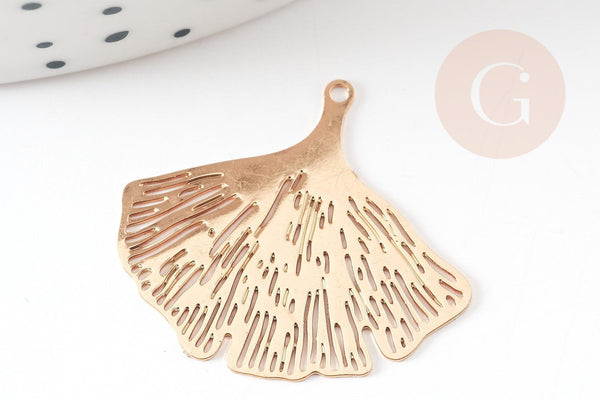 Pendentif estampe filigrane feuille gingko laiton doré, 25mm, x2 (G3694)