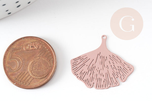 Pendentif estampe filigrane feuille gingko laiton rose clair, Pendentif très fin et léger, 25x22mm, x2 (G3699)