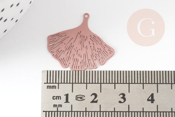 Pendentif estampe filigrane feuille gingko laiton rose clair, Pendentif très fin et léger, 25x22mm, x2 (G3699)
