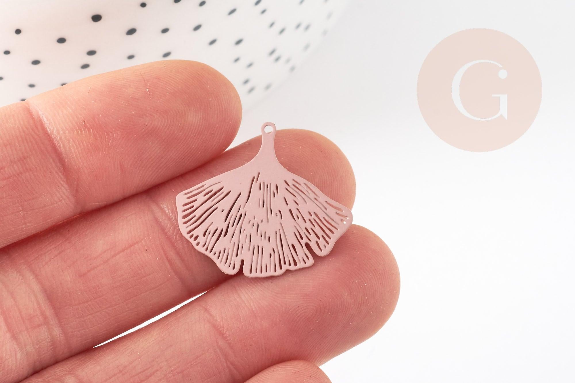 Pendentif estampe filigrane feuille gingko laiton rose clair, Pendentif très fin et léger, 25x22mm, x2 (G3699)