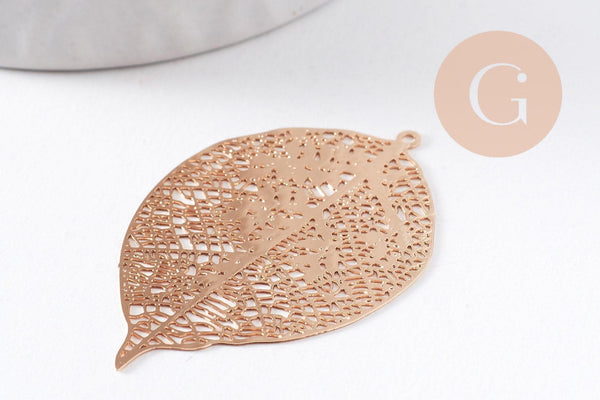 Pendentif estampe filigrane feuille laiton doré 42.5mm, x2 (G10350)