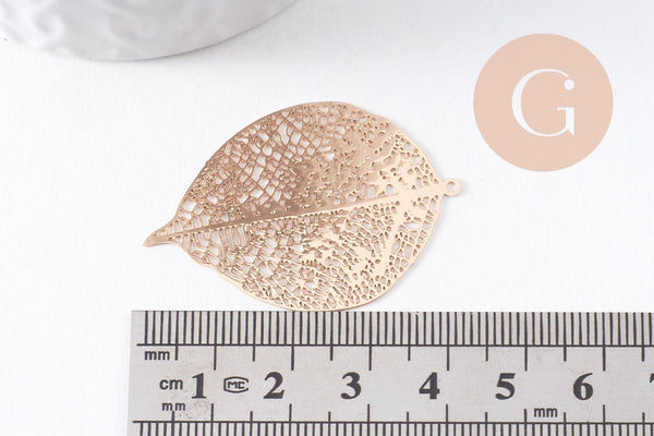 Pendentif estampe filigrane feuille laiton doré 42.5mm, x2 (G10350)
