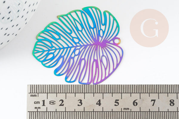 Pendentif estampe filigrane feuille monsterosa acier inoxydable multicolore 50x45mm,x2 (G4114)