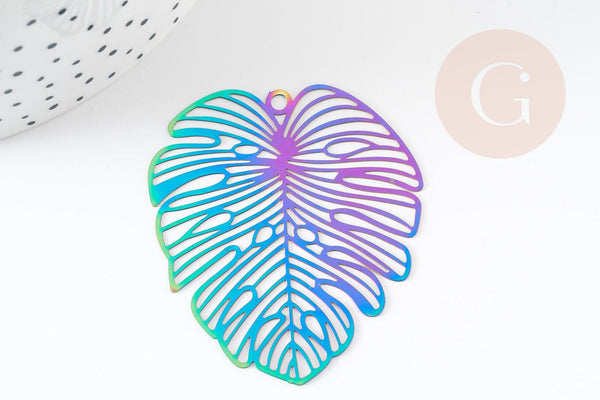 Pendentif estampe filigrane feuille monsterosa acier inoxydable multicolore 50x45mm,x2 (G4114)