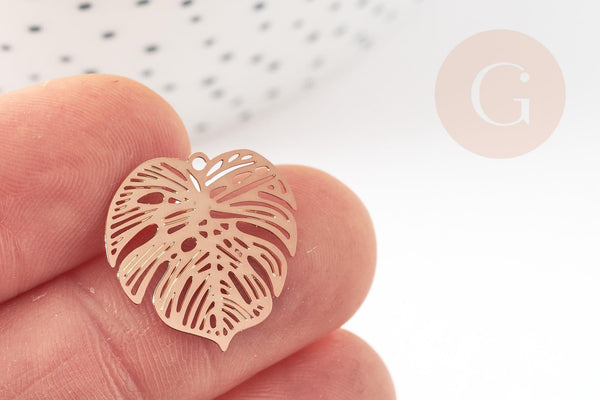 Pendentif estampe filigrane feuille monsterosa laiton or rose, Pendentif très fin et léger, 18x 18mm, x2 (G3695)